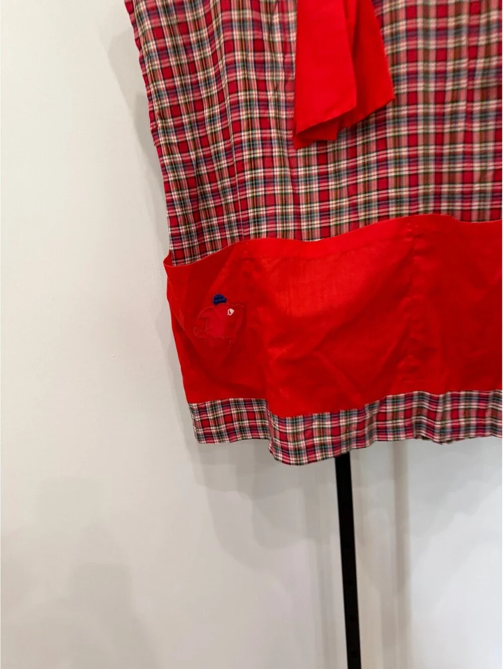 Vintage Red Plaid Apron with Red Accent and Embroidered Fish Pocket